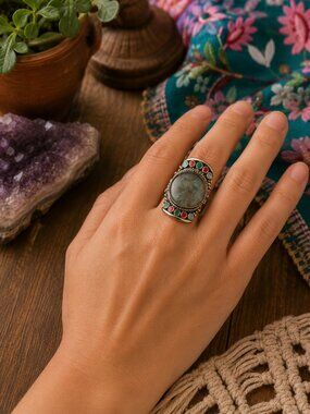 Bohemian Labradorite Statement Ring with Red & Green Accents